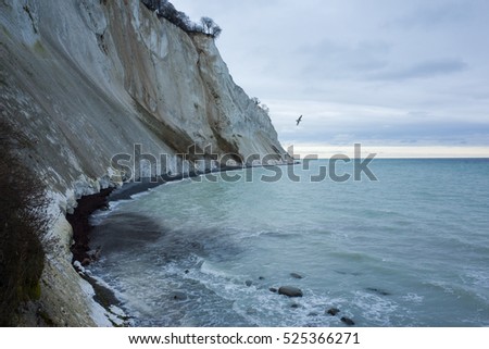 Landscape and nature at Mons Klint in Denmark Europe Scandinavia. Ocean, cliffs and coast line. Cloudy day with milky sky and muted colors. Beautiful and nice outdoors image.
