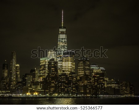 Lower Manhattan, also known as Downtown Manhattan, is the southernmost part of the island at night 