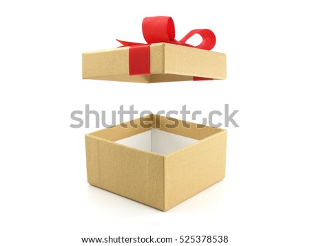 close up single open empty gold gift box with red ribbon bow (lid floating) isolated on white background, cardboard box wrapped with luxury yellow golden paper for put present in holiday festive Royalty-Free Stock Photo #525378538