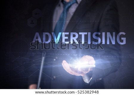 Businessman Use Smartphone And Selecting Advertising, Touch Screen. Virtual Icon. Graphs Interface. Business concept. Internet concept. Digital Interfaces