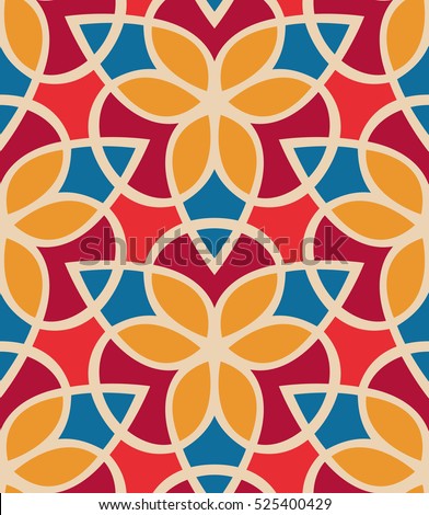Seamless pattern morrocan ornament. Floral textile print. Islamic vector design. Oriental background with abstract flowers. Hexagonal swatch. Royalty-Free Stock Photo #525400429