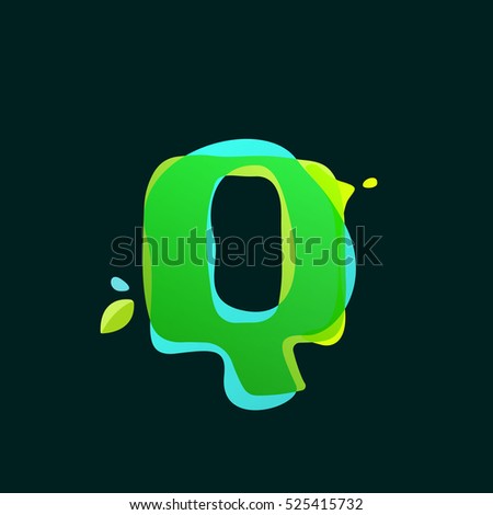 Q letter logo with green watercolor splashes. Color overlay style. Vector ecology typeface for labels, headlines, posters, cards etc.