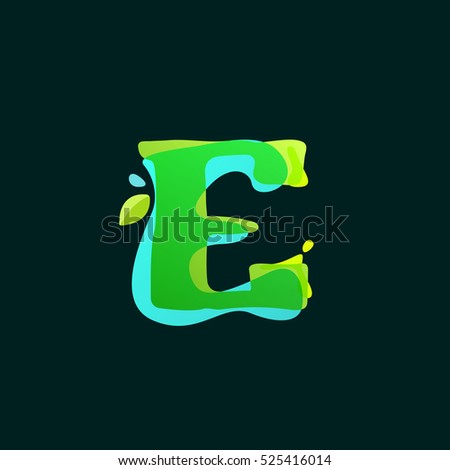 E letter logo with green watercolor splashes. Color overlay style. Vector ecology typeface for labels, headlines, posters, cards etc.