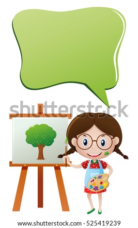 Speech bubble template with girl painting on canvas illustration