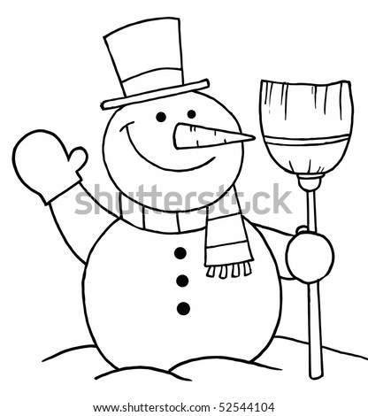 Black And White Coloring Page Outline Of A Snowman With A Broom