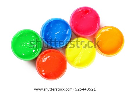 Children's colorful finger paints in plastic jars