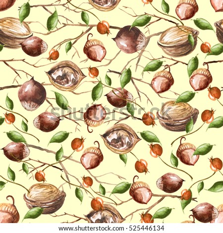 Vintage pattern with watercolors - nuts, hazelnuts, walnuts, wild rose berries, oak leaves, tree branches. Hand drawing, watercolor for various design.