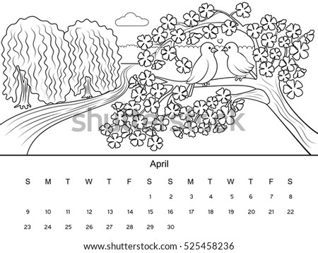 April calendar with coloring book image. Black and white drawing. Cartoon hand drawn vector illustration