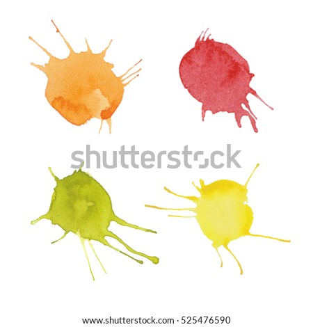 Colorful watercolor stains and splashes (orange, yellow, red, green) with rough strokes, stroke brush and the paint texture. Isolated on white background vector illustration