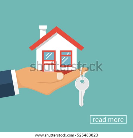 Hand agent with home in palm and key on finger. Offer of purchase house, rental of Real Estate. Giving, offering, demonstration, handing house keys. Vector illustration flat design.