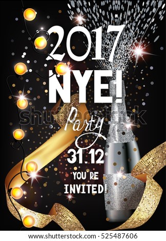 NEW YEAR  EVE Party invitation shiny banner WITH GOLD  TEXTURED RIBBON AND BOTTLE OF CHAMPAGNE. VECTOR ILLUSTRATION