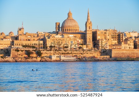 The Valletta skyline with Basilica of Our Lady of Mount Carmel as seen from Sliema. Malta