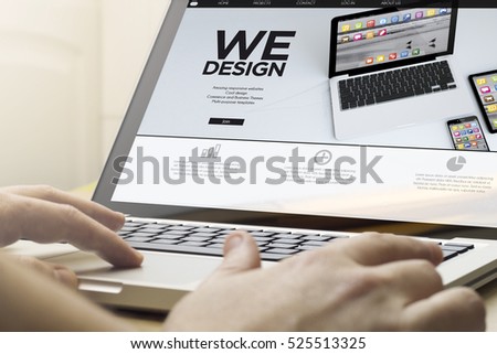 responsive design concept: man using a laptop with website on the screen. Screen graphics are made up.