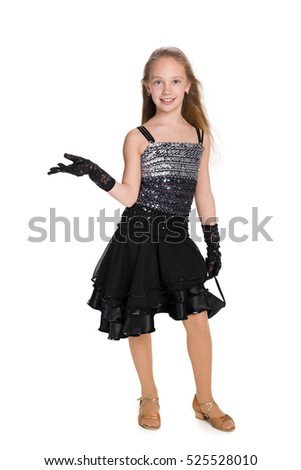 A pretty young girl in a black dress against the white background