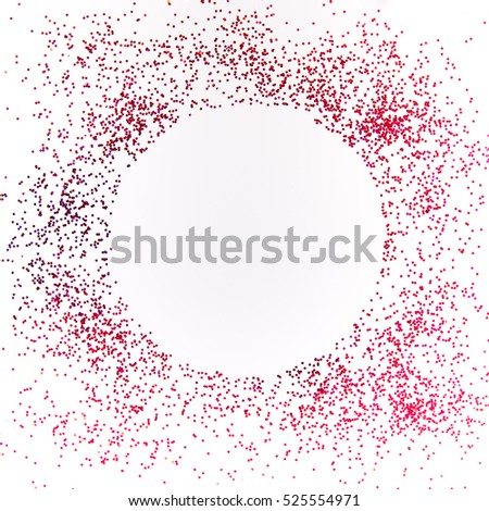 Red Glitter Confetti on White Background. Circle Shaped Middle.