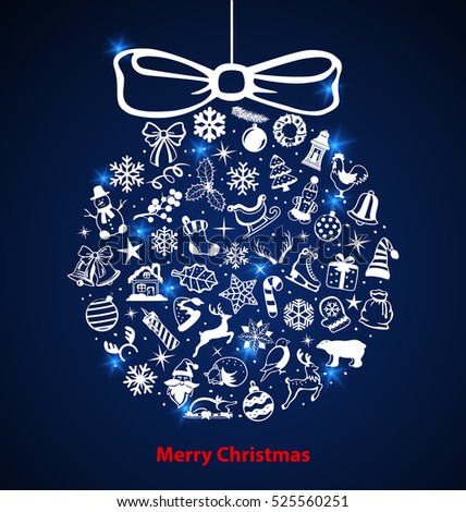 Merry Christmas and Happy New Year decoration, winter holiday elements arranged in circle as hanging xmas tree ball with bow. in blue and white color