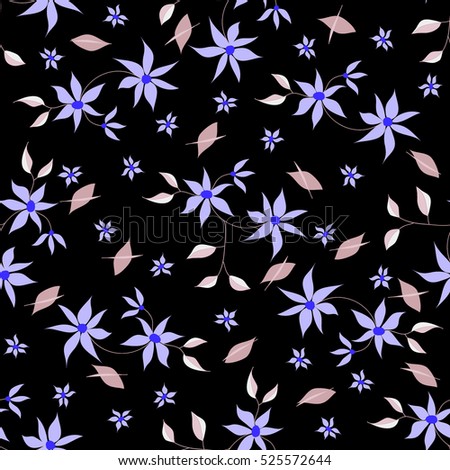Hand drawn bright seamless floral pattern with small pretty flowers and leaves made with soft pastel light colors on black background. Elegant retro ornament for fabric, textile, wallpaper, wrapping