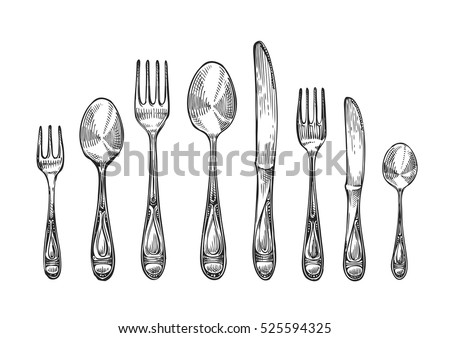 Cutlery set spoons, forks and knifes, top view. Sketch vector illustration Royalty-Free Stock Photo #525594325