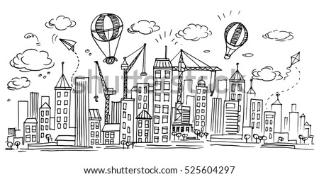  Hand drawn City Sketch for your design,Drawn in black ink on white background