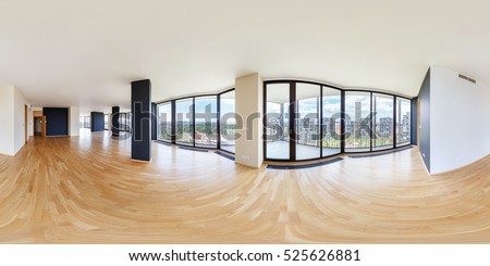 hdri Panorama 360 view in modern white empty loft apartment interior of living room hall, full 360 degrees seamless panorama in equirectangular spherical equidistant projection.skybox VR AR content Royalty-Free Stock Photo #525626881