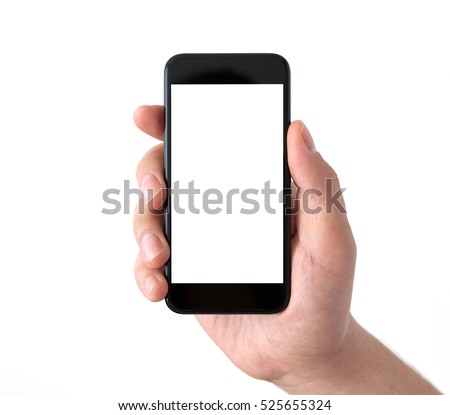 Isolated male hand holding a black phone with white screen