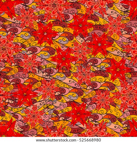 Abstract vector red wave background of doodle hand drawn lines. Colorful floral pattern. Flowers. Red. Orange. Vector.