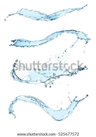 Blue abstract water splashes collection, isolated on white background