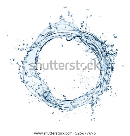 Blue abstract water splashes in circle shape, isolated on white background