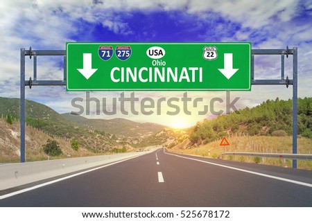 US city Cincinnati road sign on highway