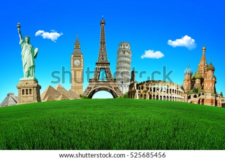 Concept of travel. Green field with the wonders of the world. Around The World Tours Royalty-Free Stock Photo #525685456