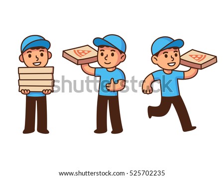 Cute pizza delivery boy illustration set. Cartoon vector character drawing.