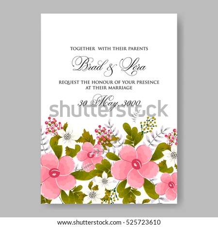 Elegance Wedding Invitation Floral Wreath with pink flowers Anemones, leaves, branches, wild Privet Berry, vector floral illustration in vintage watercolor style