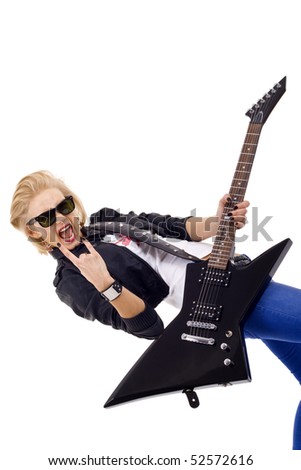 picture of an energic blond girl wearing glasses and playing a guitar