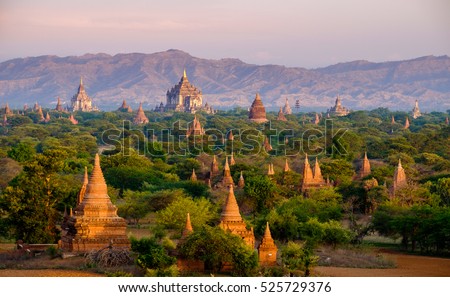 Sunrise landscape view with silhouettes of old temples, Bagan, Myanmar (Burma)