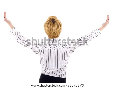 back picture of a businesswoman with hands up in the air