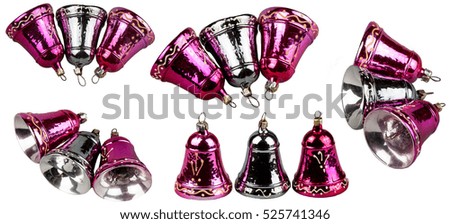 Vintage Christmas bells glass for Christmas tree decorations of the last century on a white background, montage, isolated