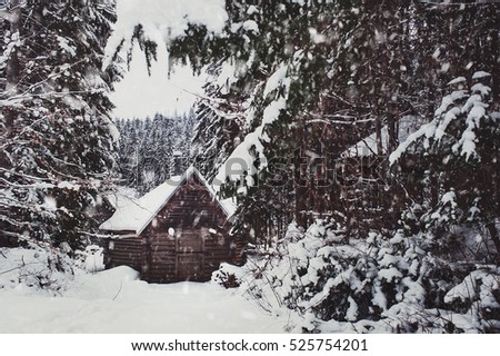 rural wooden bulding on mountain top at ski resort. vintage toned picture with instagram effect. winter wallpaper