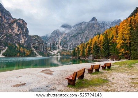 Amazing autumn scenery of Braies Lake (Lago di Braies) with benches on foreground and autumn forest and mountains on background, Dolomite Alps, Italy. Royalty-Free Stock Photo #525794143