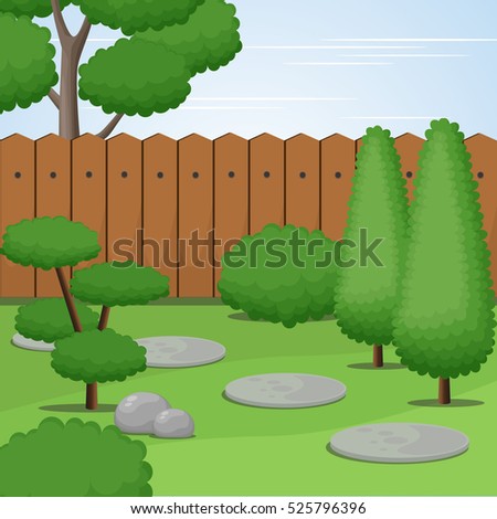 Green Garden With Wooden Fence.Home Garden with Various Plant.Vector Illustration.