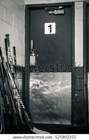 Hockey room door with stick