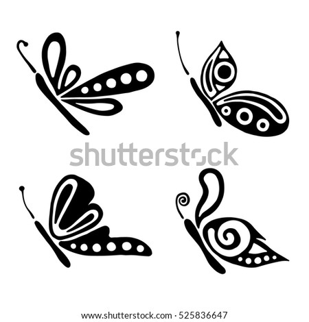 Set of vector black and white  illustration of insect. Butterfly isolated on the white background. Hand drawn decorative graphic vector logo, icon, sign, symbol, illustration, tattoo.