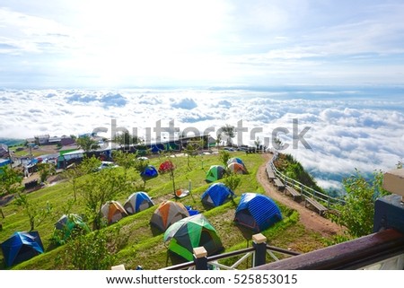 Camp on beautiful and famous travel location The landscape photo, beautiful sea fog in morning time at Phu Tub Berk Viewpoint.Camping Phu Tub berk ; Phetchabun province Thailand; Traveler are crowed.