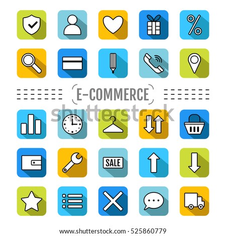 Icons e-Commerce. Flat objects, shopping symbols, elements for marketing