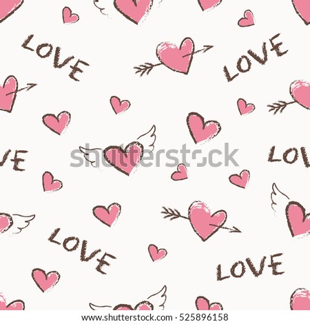 Happy Valentine Day seamless pattern. Raster cute hand drawn red hearts with angel wings and arrows.