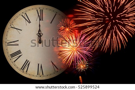 New Year concept. Old clock with fireworks.