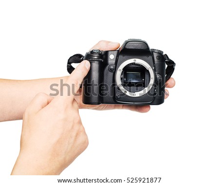 Digital Camera full frame sensor, Camera sensor CCD or Cmos closeup, Black digital SLR camera without lens isolated on white background,