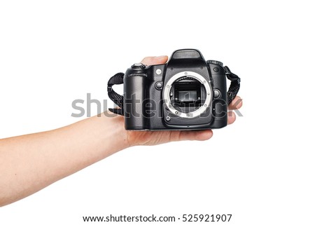 Digital Camera full frame sensor, Camera sensor CCD or Cmos closeup, Black digital SLR camera without lens isolated on white background,