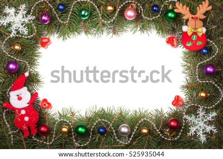 Christmas frame made of fir branches decorated with Santa Claus and balls isolated on white background