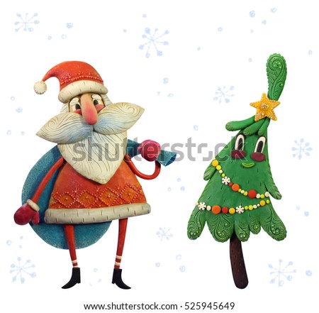 Plasticine handmade Christmas tree and Santa Claus holding bag isolated on white background. Set of Characters for Christmas greeting, post cards. 