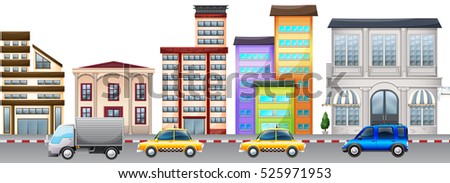 City scene with buildings and cars on road illustration